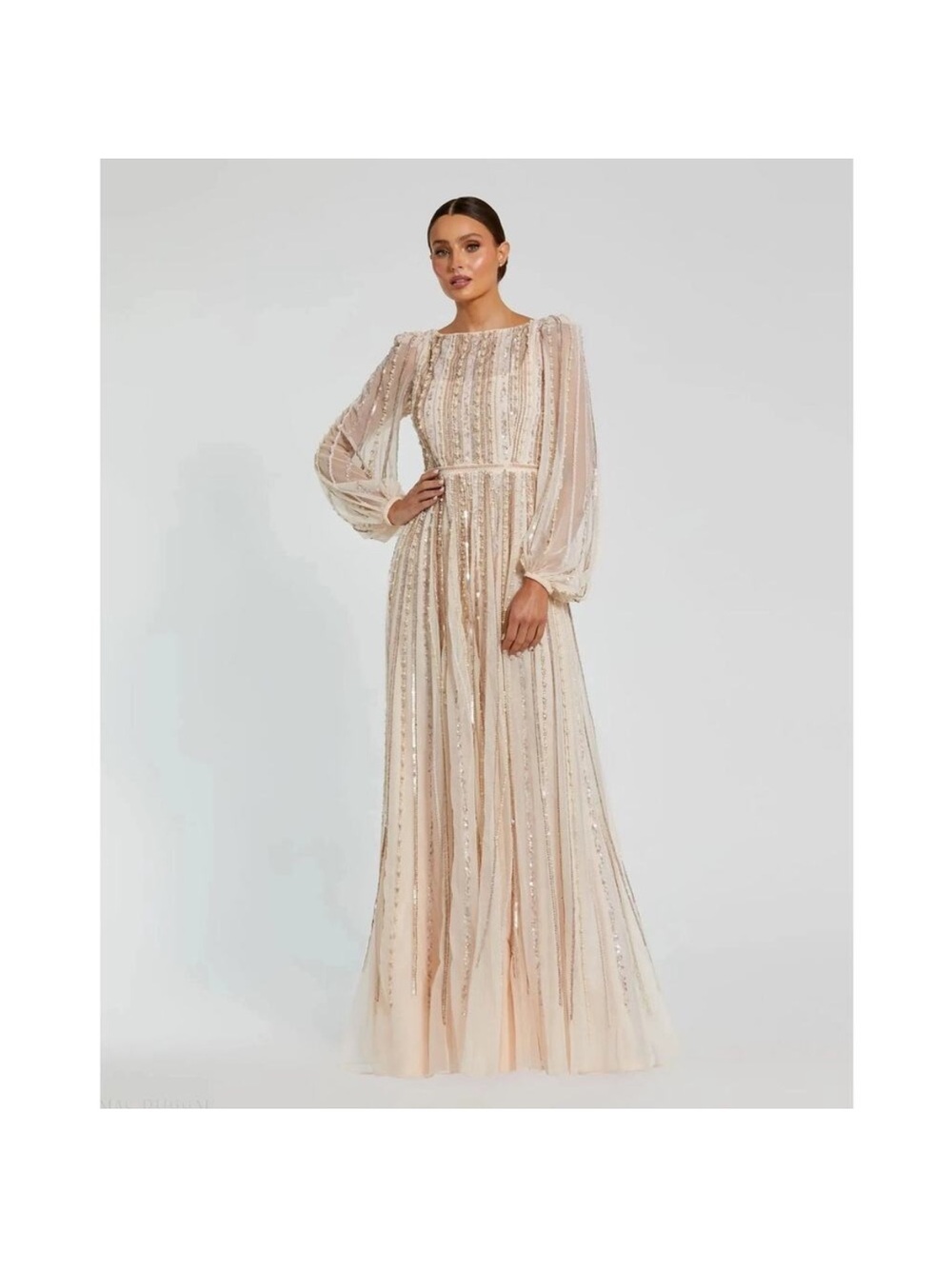 Mac Duggal 94081 Pink Boat Neck Long Sleeve Gown With Striped Beading sz 18